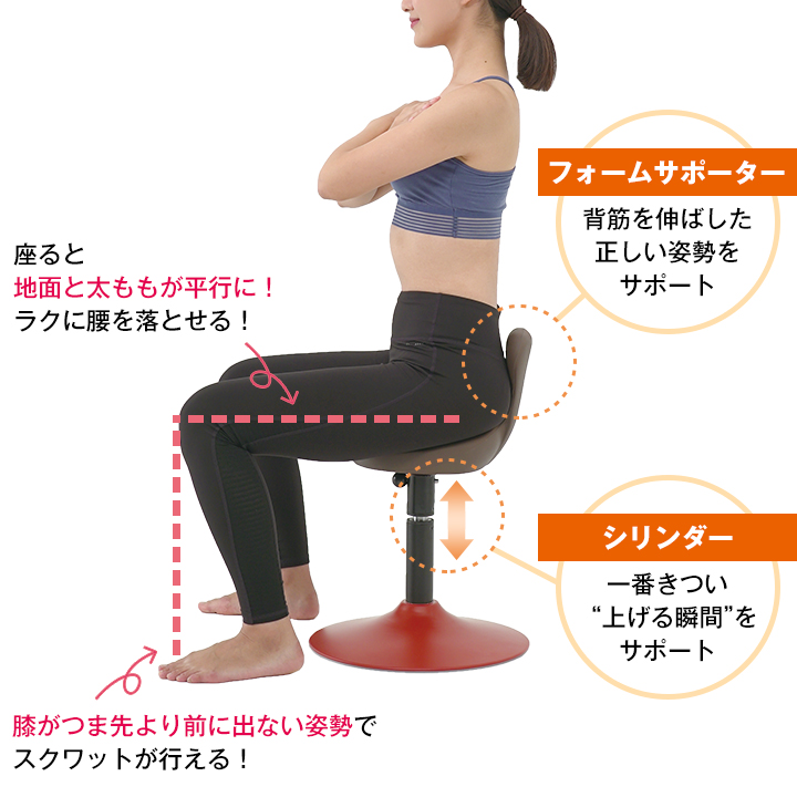 腰かけて上下に動くことで正しい姿勢のスクワットをサポート！