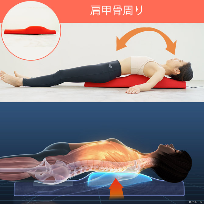 エアバッグの膨らみにより体を押し上げ、肩甲骨周りと骨盤周りにダブルでアプローチ