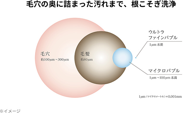 超極小の2種類の泡のパワーで、
毛穴の奥に詰まった汚れまで、根こそぎスッキリ！
肌や頭皮の皮脂汚れやメイク残りも、
泡の力でやさしくしっかり取り除きます。