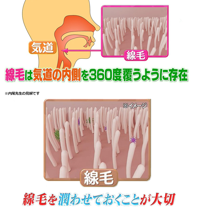 のどのイガイガ対策には
のどにある「線毛」を
常に潤しておくことが大事！