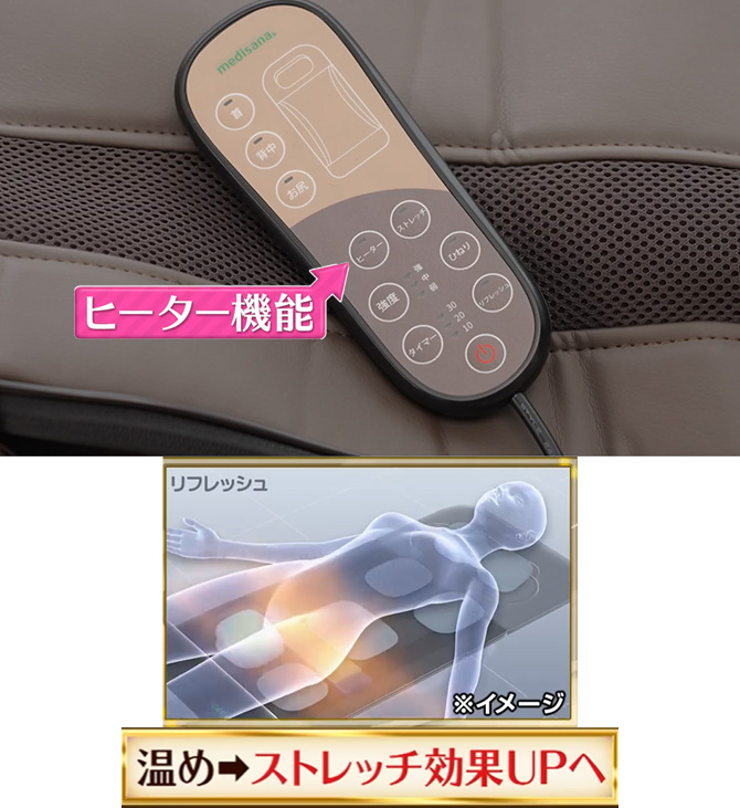 腰の部分にはヒーター機能搭載！
より心地よくストレッチ