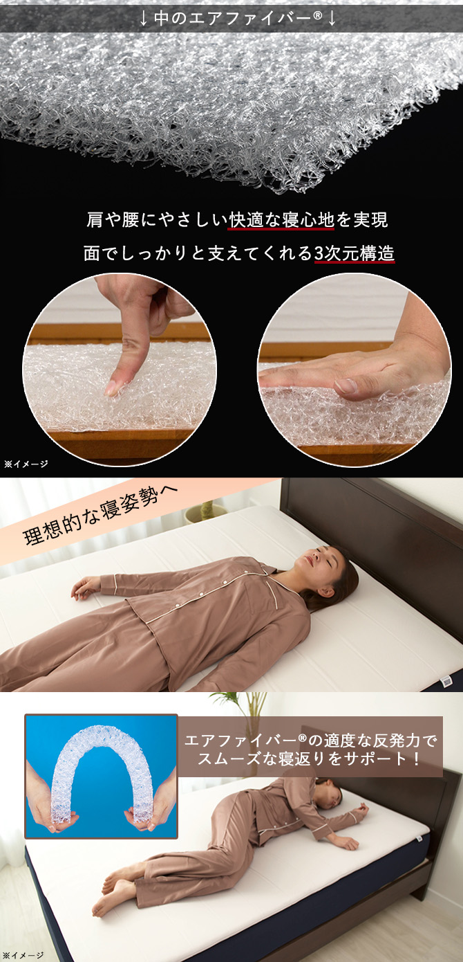 寝心地が良い秘密は、独自素材のエアファイバー®！
適度な反発力でスムーズな寝返りをサポート！